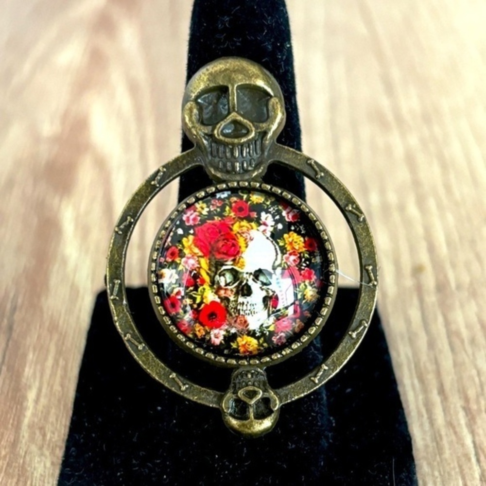 Skull and Flowers Adjustable Ring, Handmade, NWT, Handmade